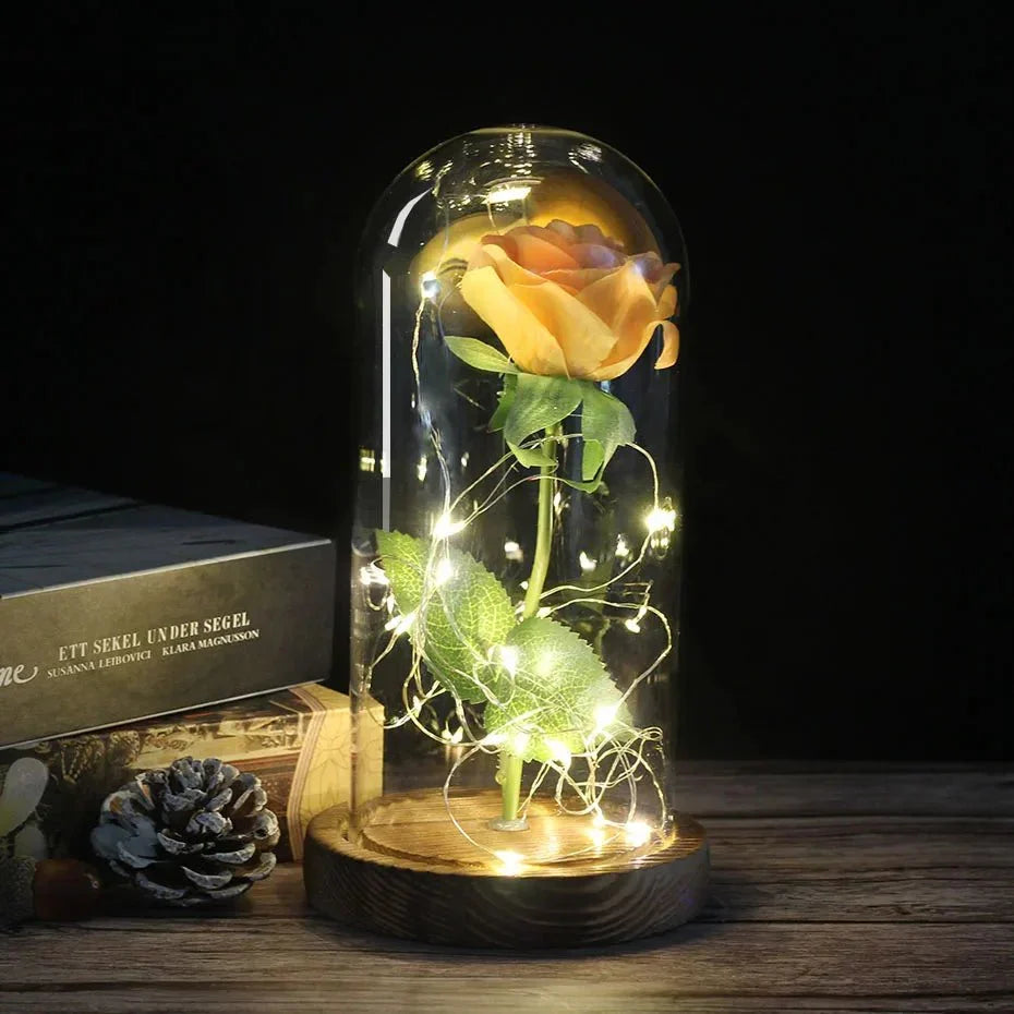 Glass Dome Display with Preserved Rose – Illuminated Home Decoration
