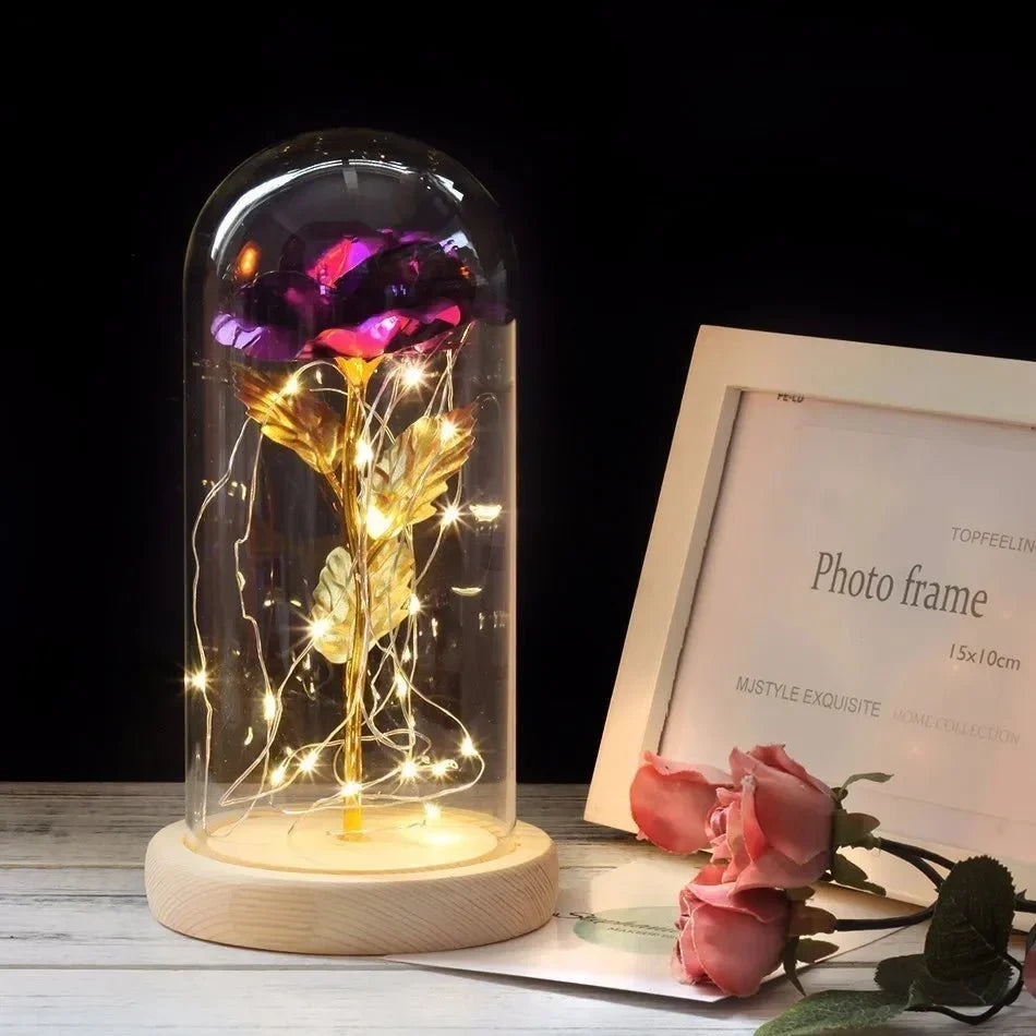Glass Dome Display with Preserved Rose – Illuminated Home Decoration