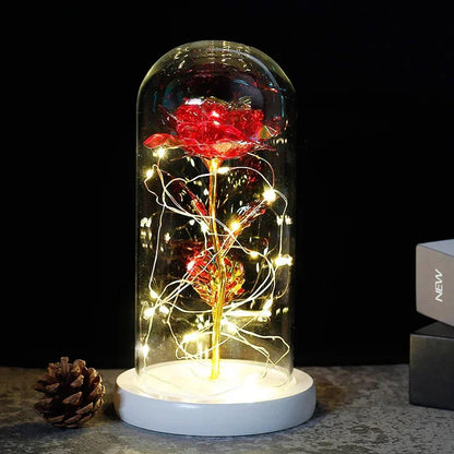 Glass Dome Display with Preserved Rose – Illuminated Home Decoration
