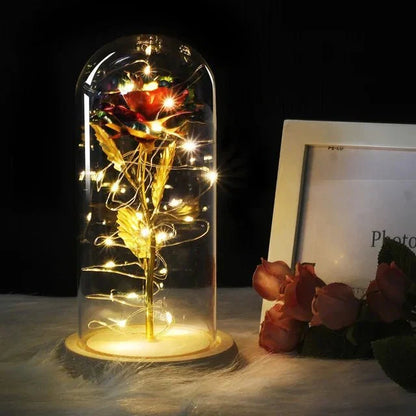Glass Dome Display with Preserved Rose – Illuminated Home Decoration
