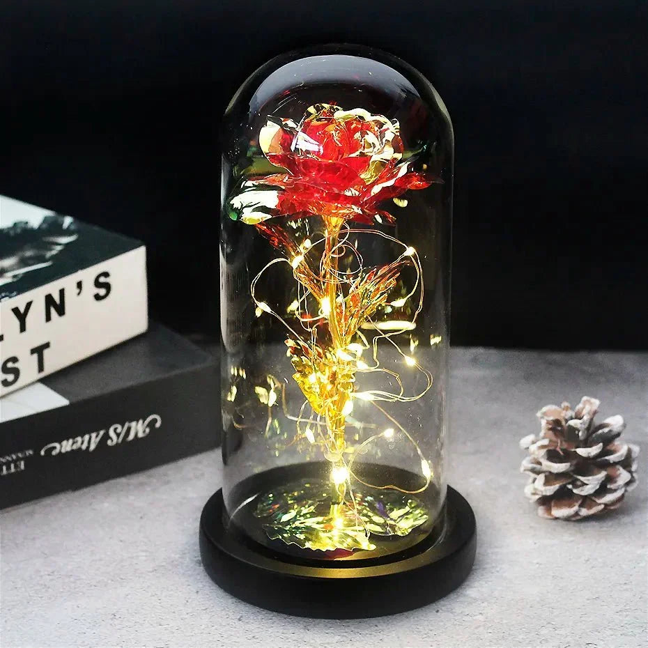 Glass Dome Display with Preserved Rose – Illuminated Home Decoration