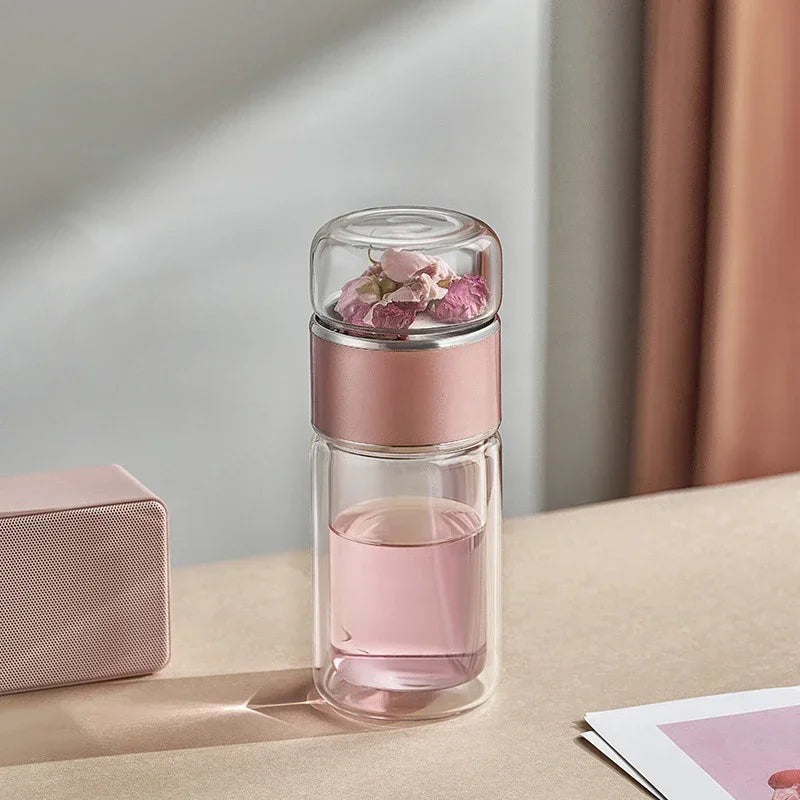 Double-Walled Borosilicate Glass Tea Infuser Tumbler with Stainless Steel Filter – 14oz Leakproof Travel Bottle with Sleeve for Hot and Cold Beverages