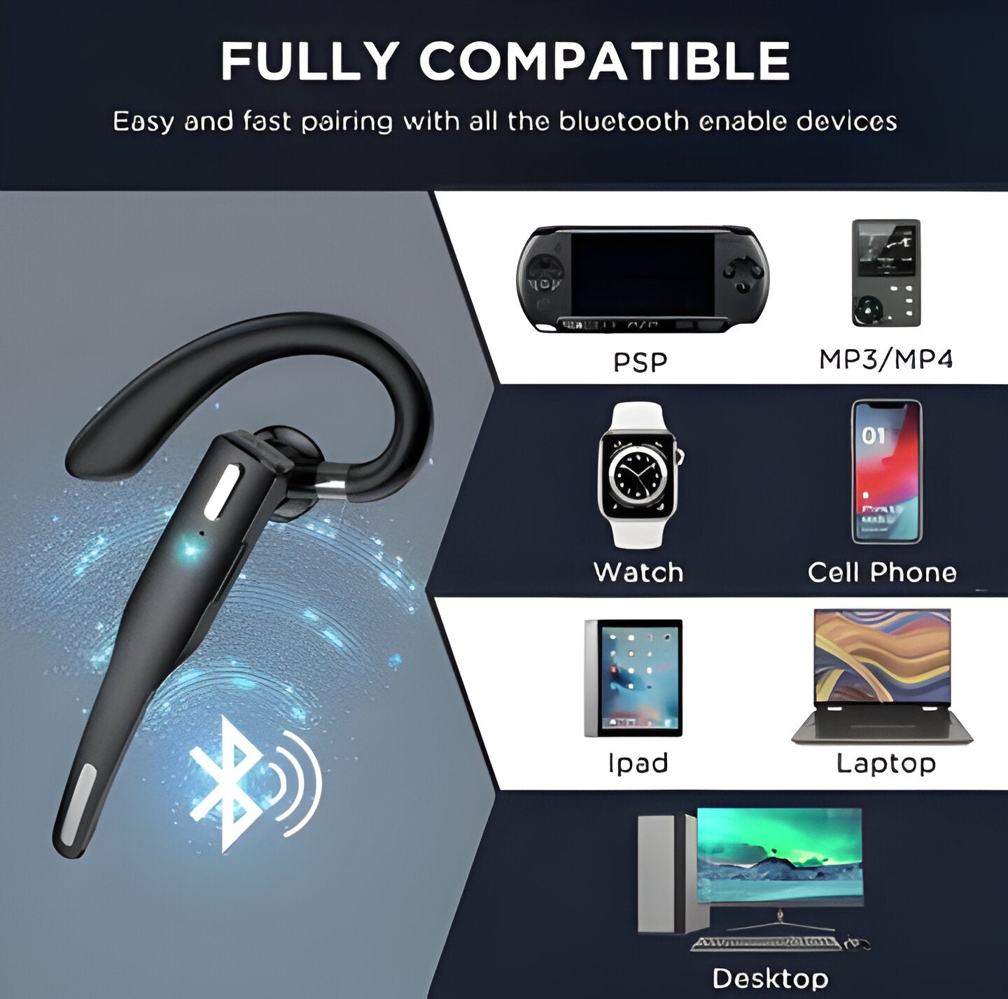 Noise Cancelling Bluetooth Earpiece with Dual Microphones – Wireless Headset