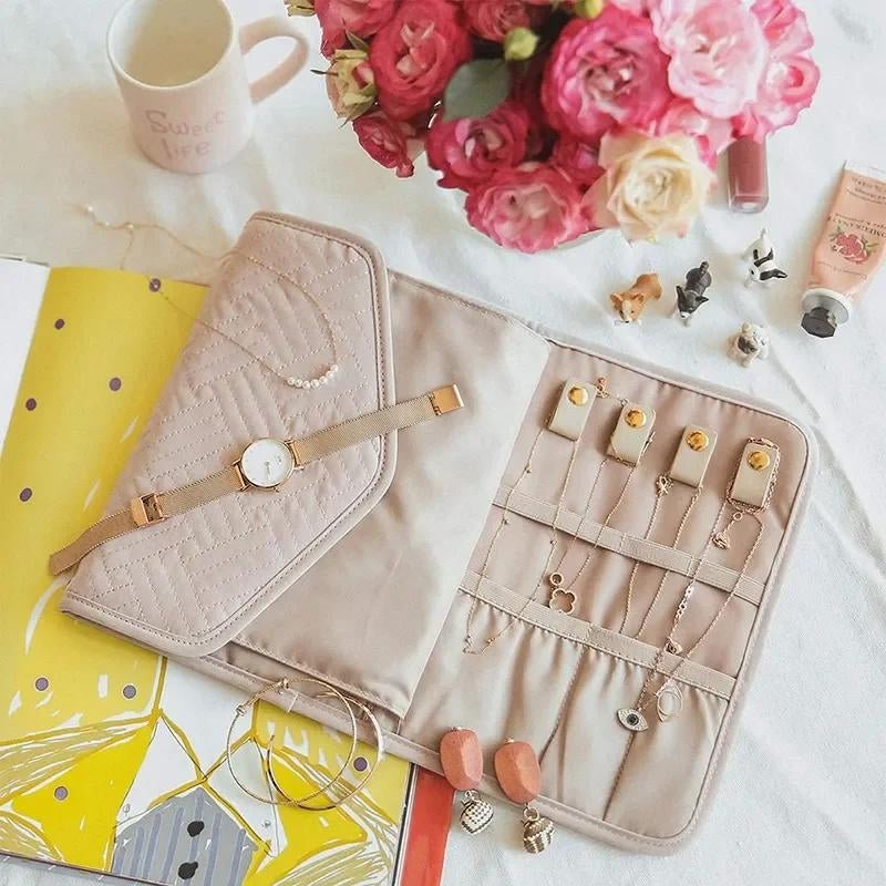 Foldable Jewelry Organizer Pouch with Compartments for Rings, Earrings, Necklaces, and Bracelets