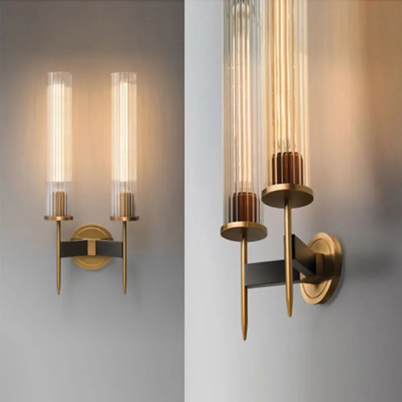 Contemporary Wall Light with Ribbed Glass Shade and Brass Accent
