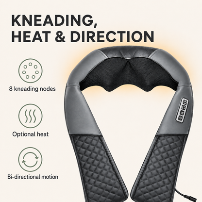 Neck and Shoulder Massager with Heat – 8 Kneading Nodes, 3 Speeds, Auto Reverse & Car Charger