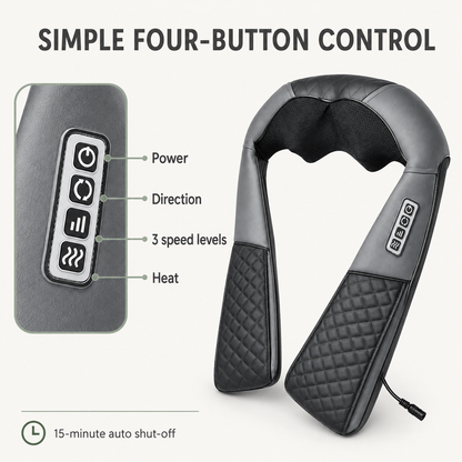Neck and Shoulder Massager with Heat – 8 Kneading Nodes, 3 Speeds, Auto Reverse & Car Charger