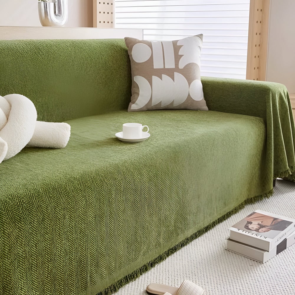 Textured Woven Throw Blanket for Sofas with Stylish Fringes