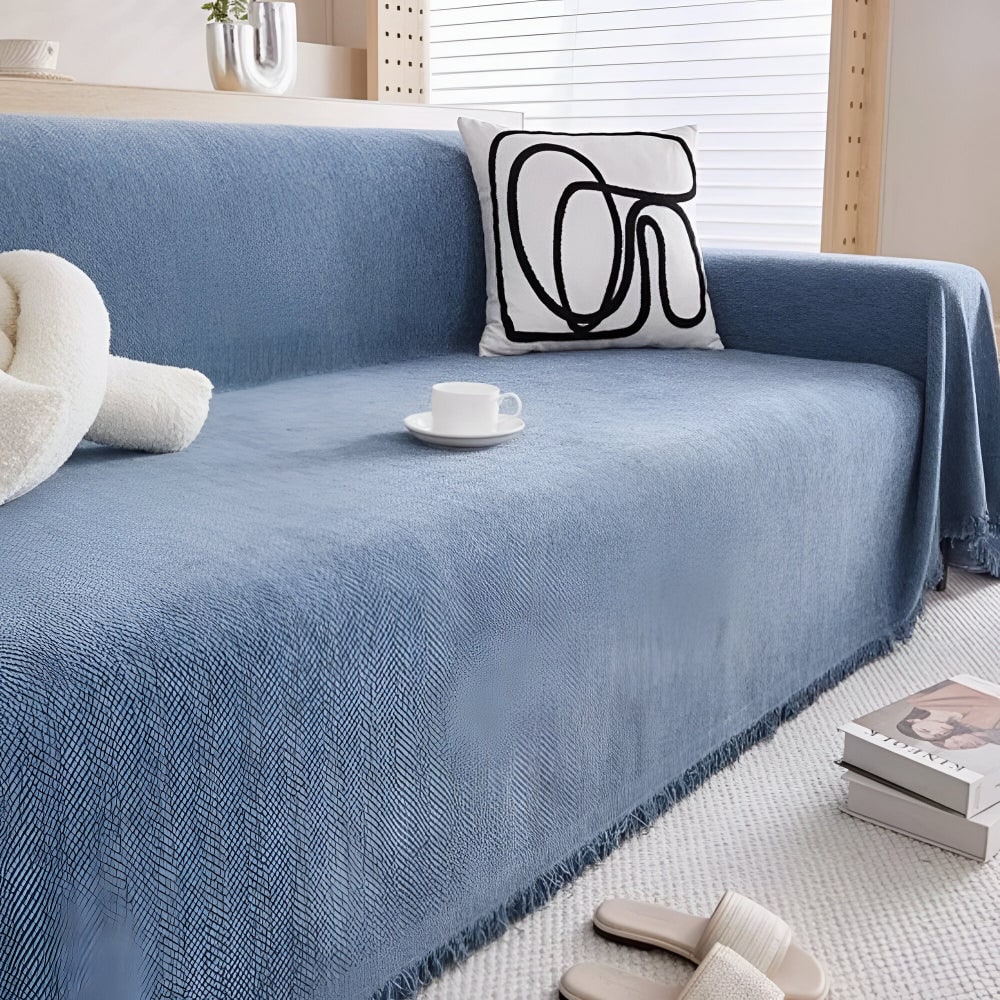 Textured Woven Throw Blanket for Sofas with Stylish Fringes