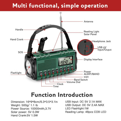 Emergency Radio with Solar and Crank Power, 10000mAh Battery