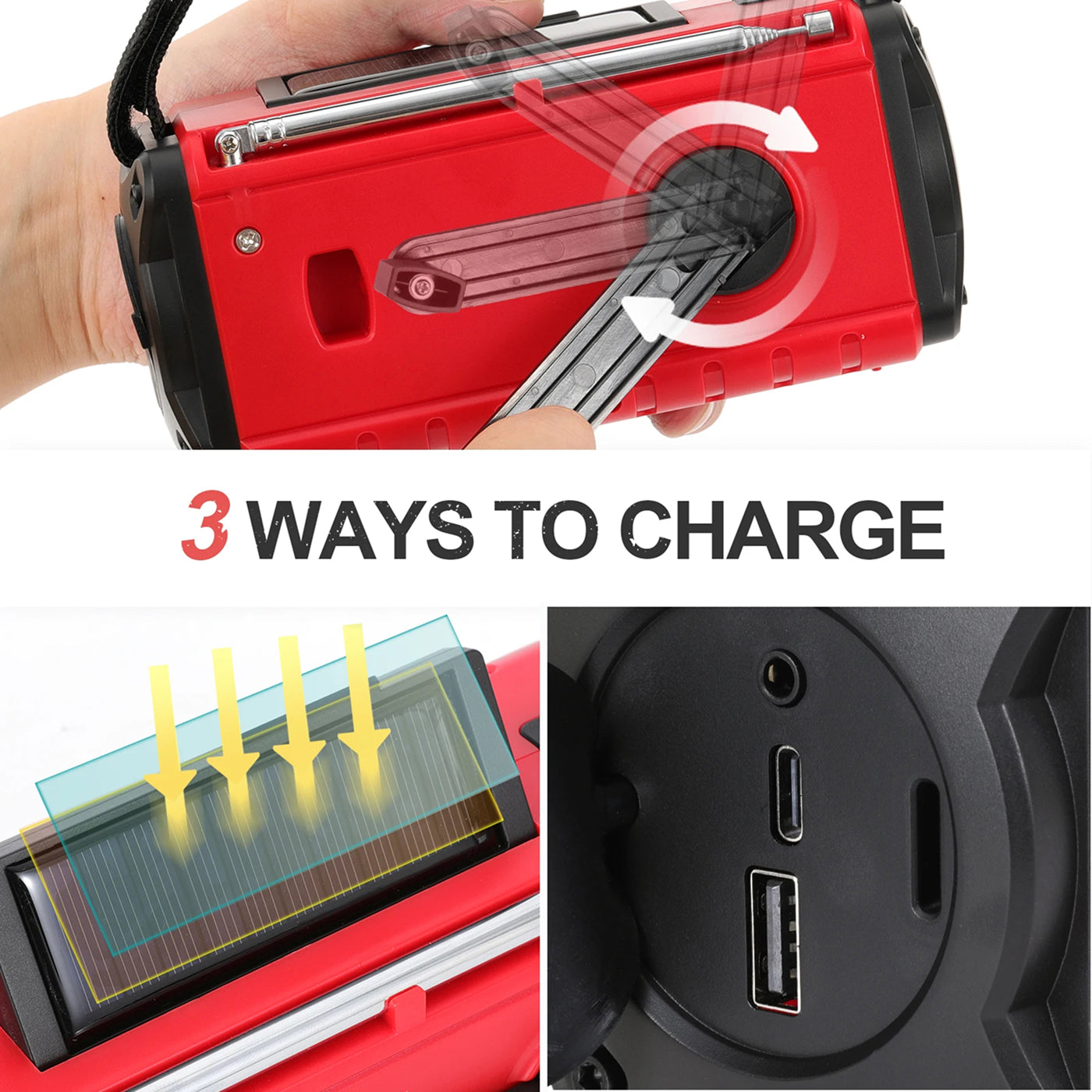 Emergency Radio with Solar and Crank Power, 10000mAh Battery