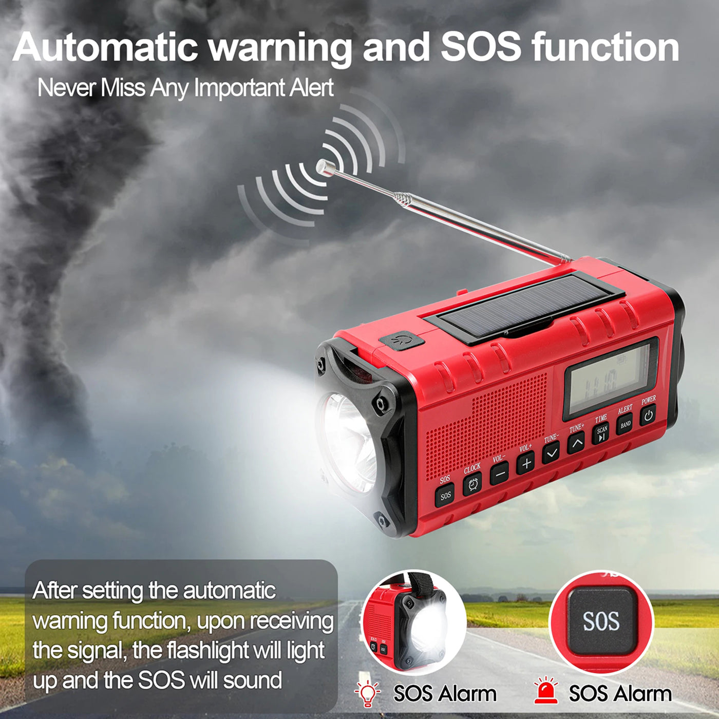 Emergency Radio with Solar and Crank Power, 10000mAh Battery