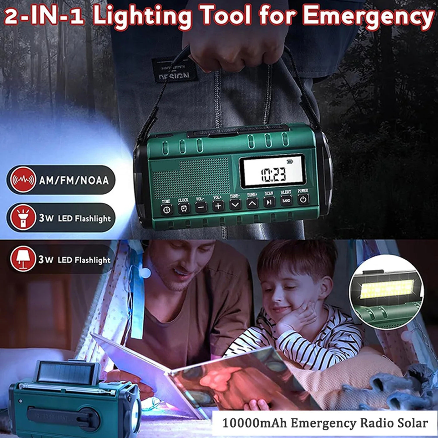 Emergency Radio with Solar and Crank Power, 10000mAh Battery