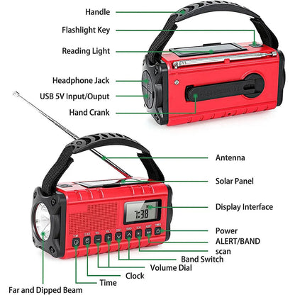 Emergency Radio with Solar and Crank Power, 10000mAh Battery
