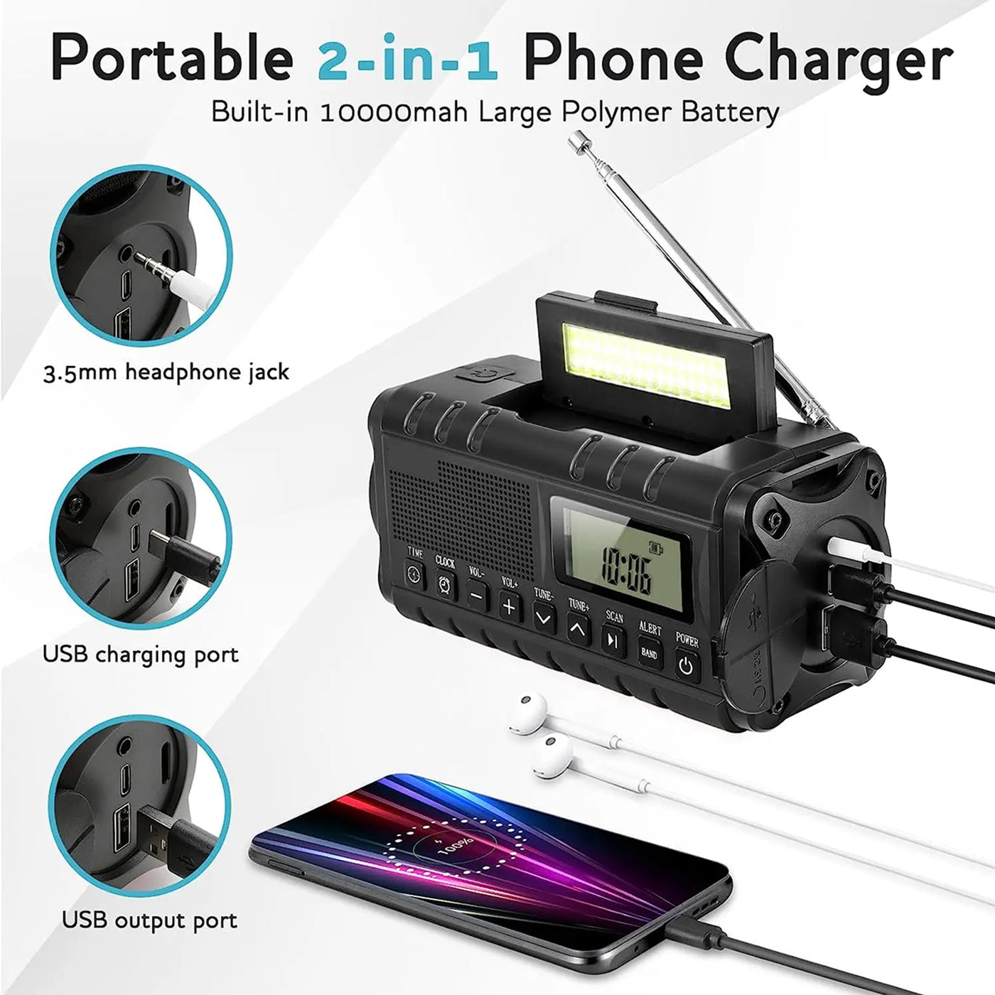 Emergency Radio with Solar and Crank Power, 10000mAh Battery