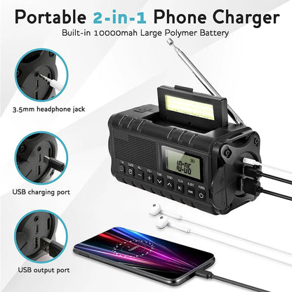 Emergency Radio with Solar and Crank Power, 10000mAh Battery