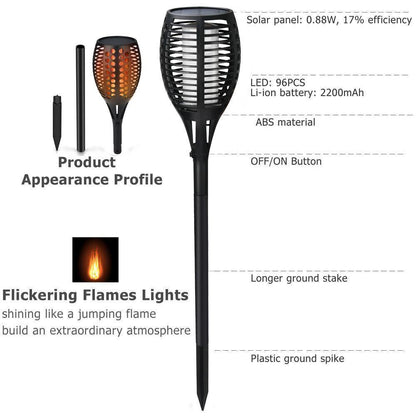 Set of 2 Solar LED Torch Lights with Flickering Flame Design