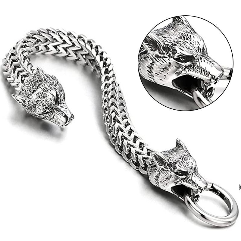 Men's Vintage Wolf Dual-Head Bracelet for Strength