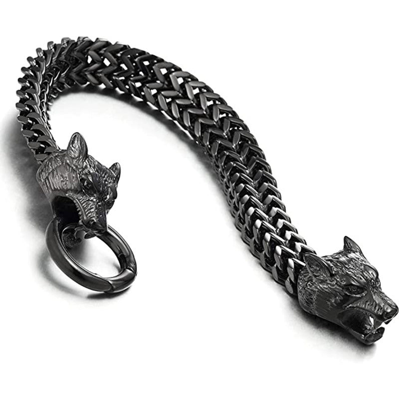 Men's Vintage Wolf Dual-Head Bracelet for Strength