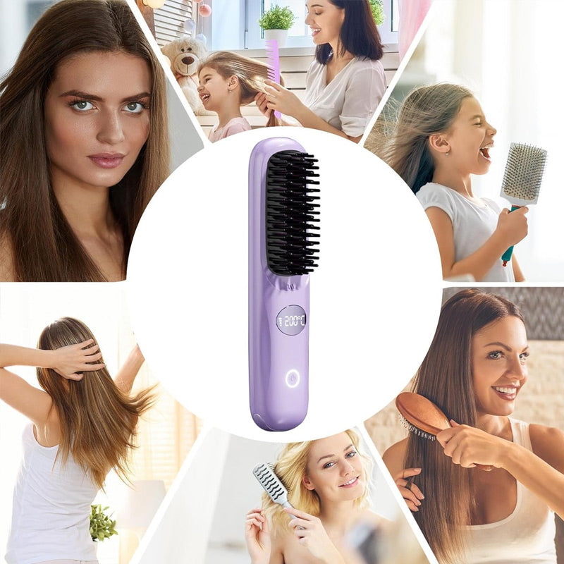 Cordless Hair Straightening Brush with LED Display