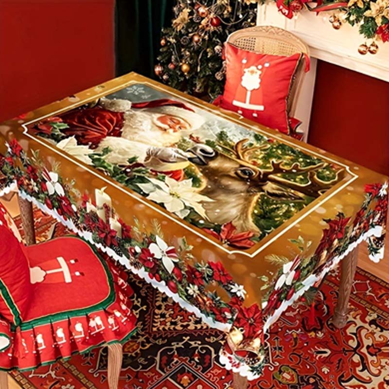 Festive Table Runner Featuring Reindeer and Snowmen – Sturdy Polyester