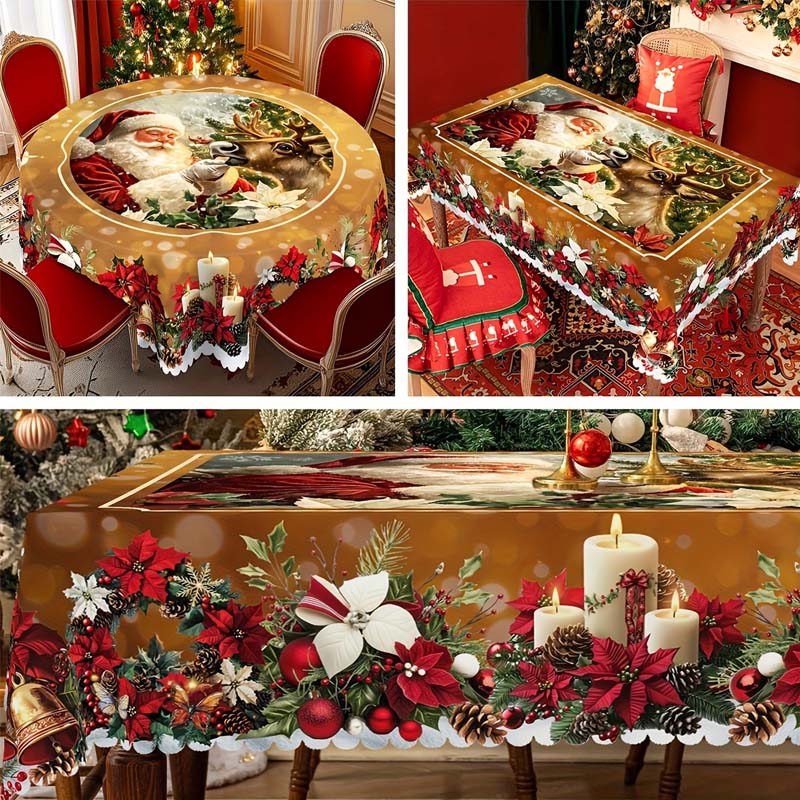 Festive Table Runner Featuring Reindeer and Snowmen – Sturdy Polyester