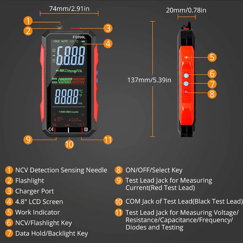 Compact USB Rechargeable Digital Meter with Auto-Range
