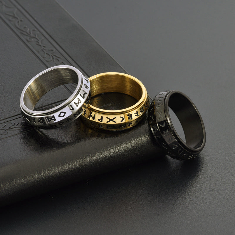Nordic Steel Rune Spinner Ring for Strength and Serenity