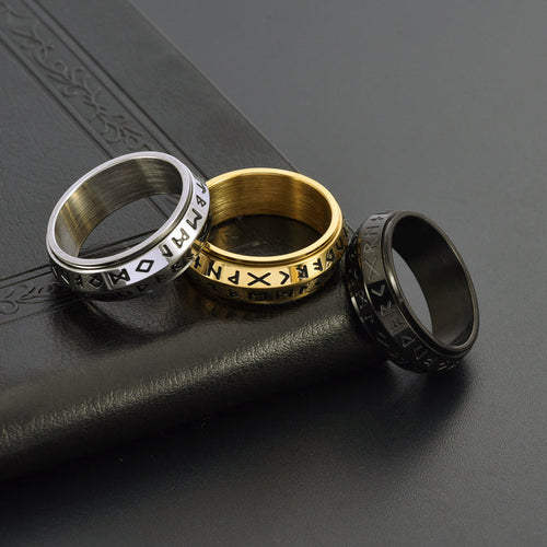 Nordic Steel Rune Spinner Ring for Strength and Serenity
