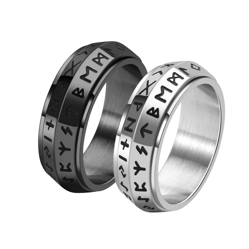 Nordic Steel Rune Spinner Ring for Strength and Serenity