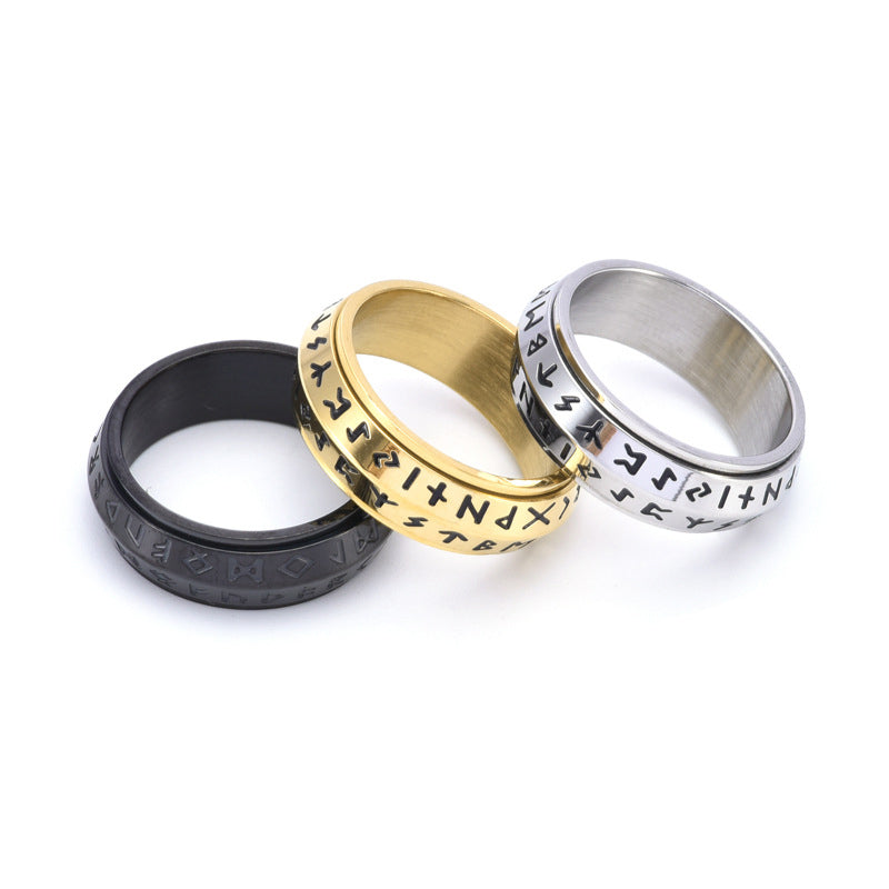 Nordic Steel Rune Spinner Ring for Strength and Serenity