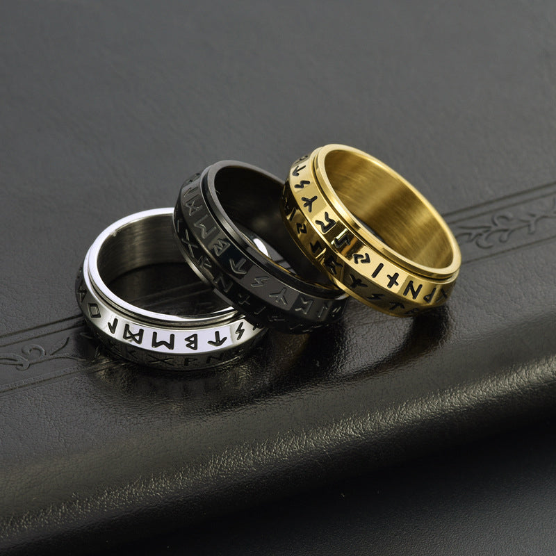 Nordic Steel Rune Spinner Ring for Strength and Serenity