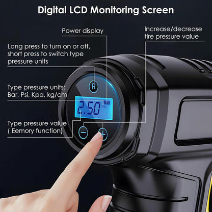 Portable Cordless Air Pump with Digital Display | Auto Stop & Pressure Setting | 35 L/min, LED Light | Perfect for Cars, Bikes & Balls
