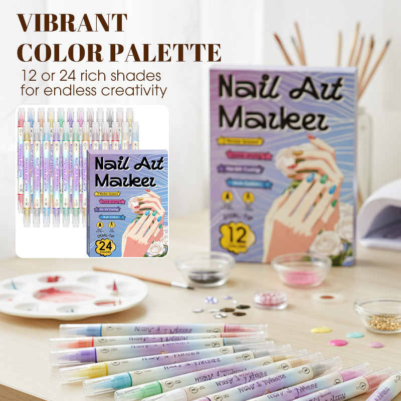 Dual-Tip Nail Art Pen Set | Quick-Drying, Water-Based | 12 or 24 Colors | No UV Lamp Required | Optional Nail Oil