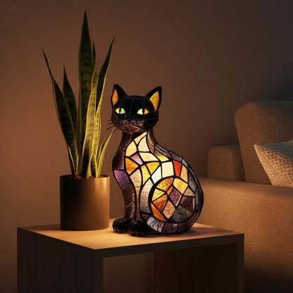 Artisan Cat Table Lamp with Mosaic Illumination and Glowing Eyes