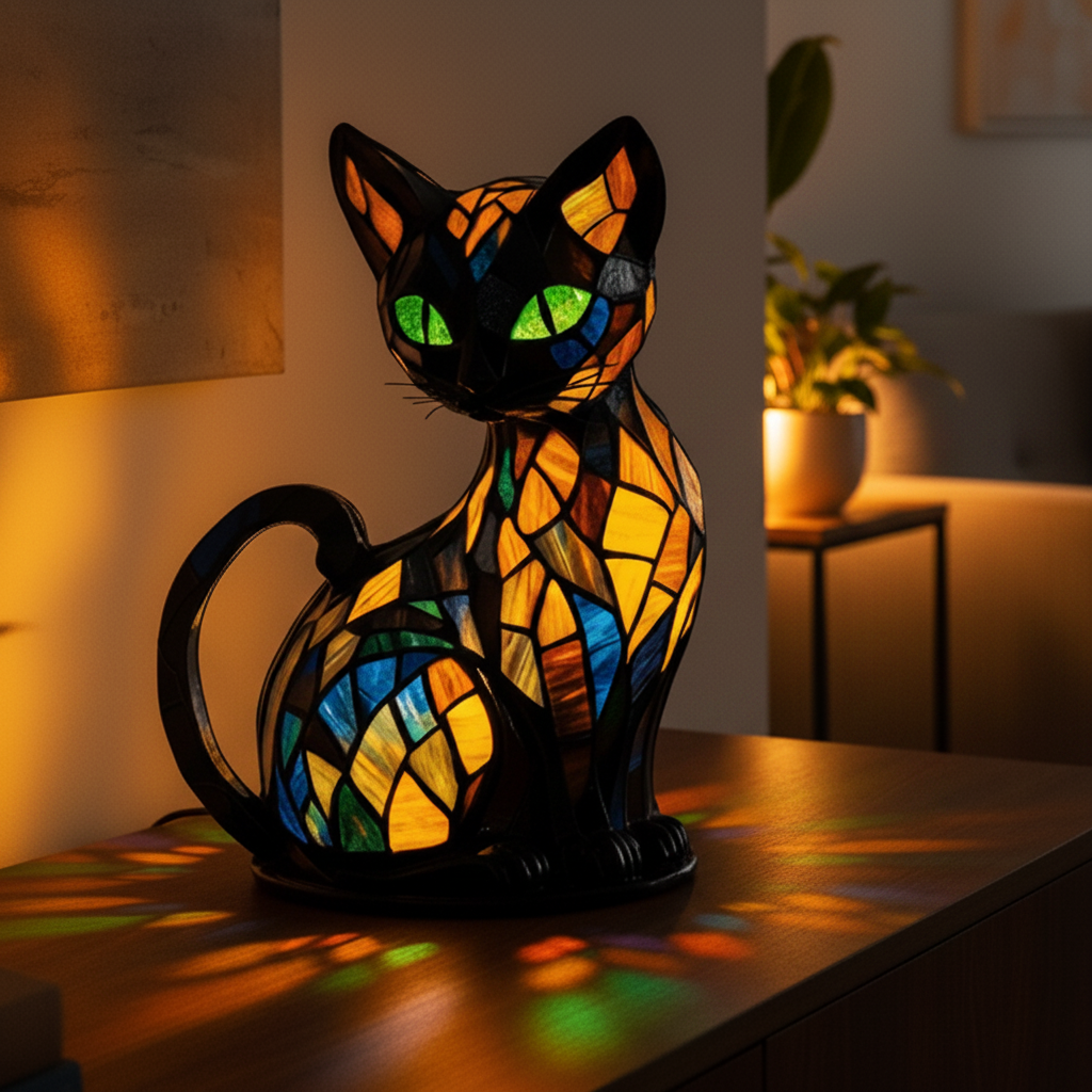 Artisan Cat Table Lamp with Mosaic Illumination and Glowing Eyes