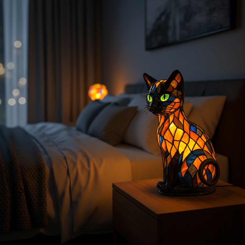 Artisan Cat Table Lamp with Mosaic Illumination and Glowing Eyes