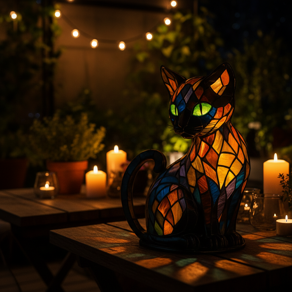 Artisan Cat Table Lamp with Mosaic Illumination and Glowing Eyes