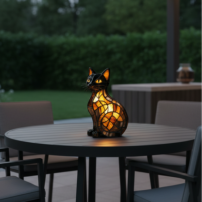 Artisan Cat Table Lamp with Mosaic Illumination and Glowing Eyes