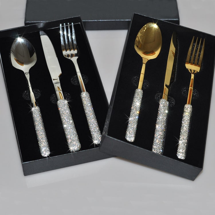 Glamorous Stainless Steel Cutlery Set with Crystal Accents for 12