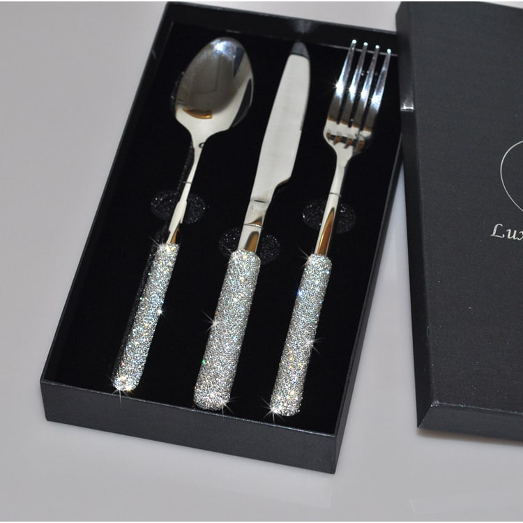 Glamorous Stainless Steel Cutlery Set with Crystal Accents for 12