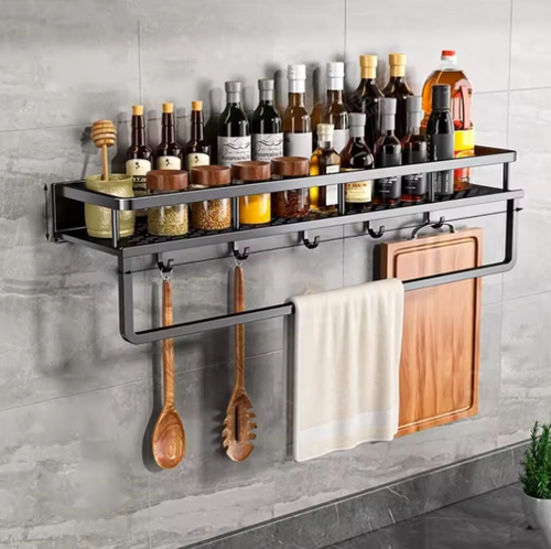 Wall-Mounted Kitchen Organizer Shelf with Towel Rack