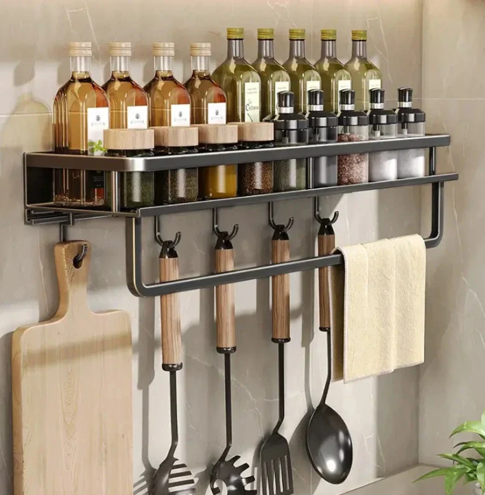 Wall-Mounted Kitchen Organizer Shelf with Towel Rack