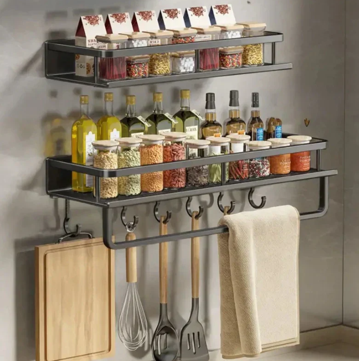 Wall-Mounted Kitchen Organizer Shelf with Towel Rack