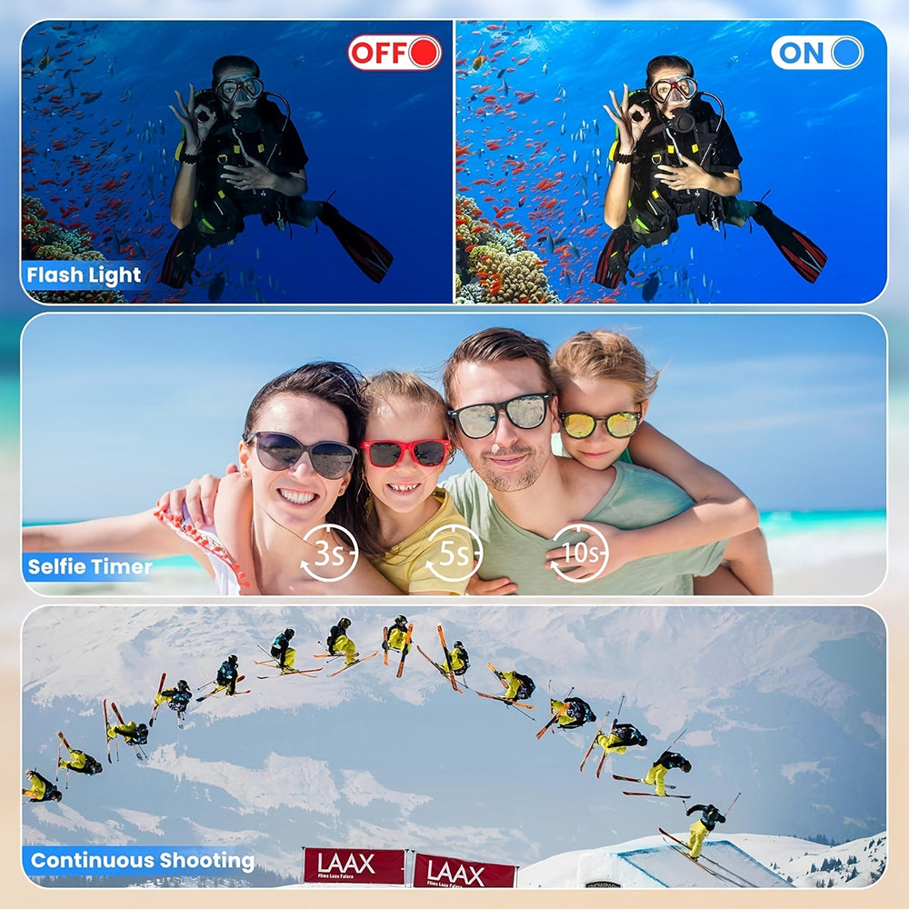Waterproof Underwater Camera Featuring Dual Selfie Display