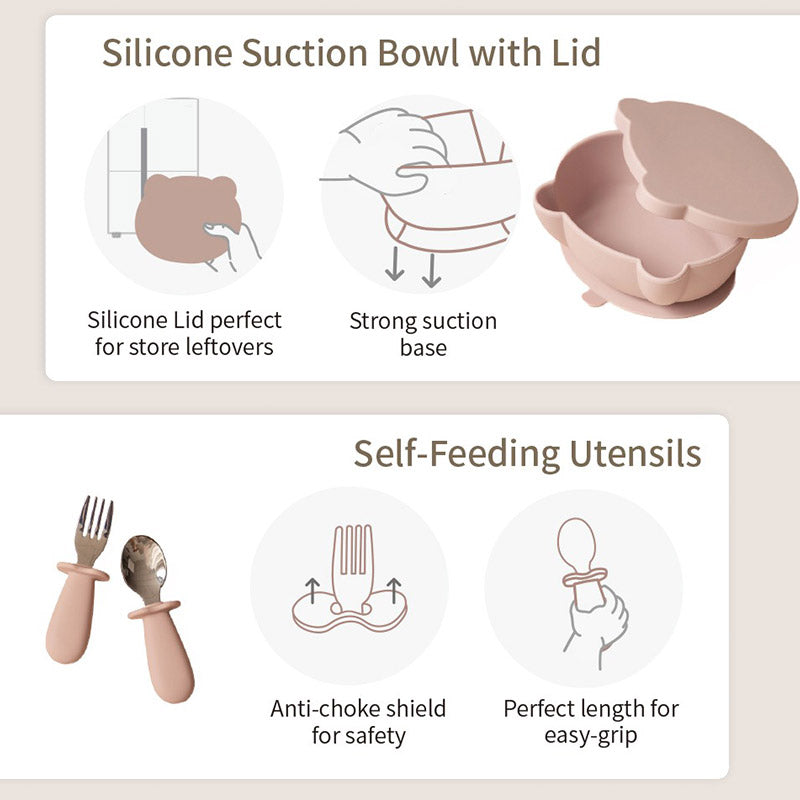 Non-Slip Silicone Baby Feeding Set with Lid and Utensils