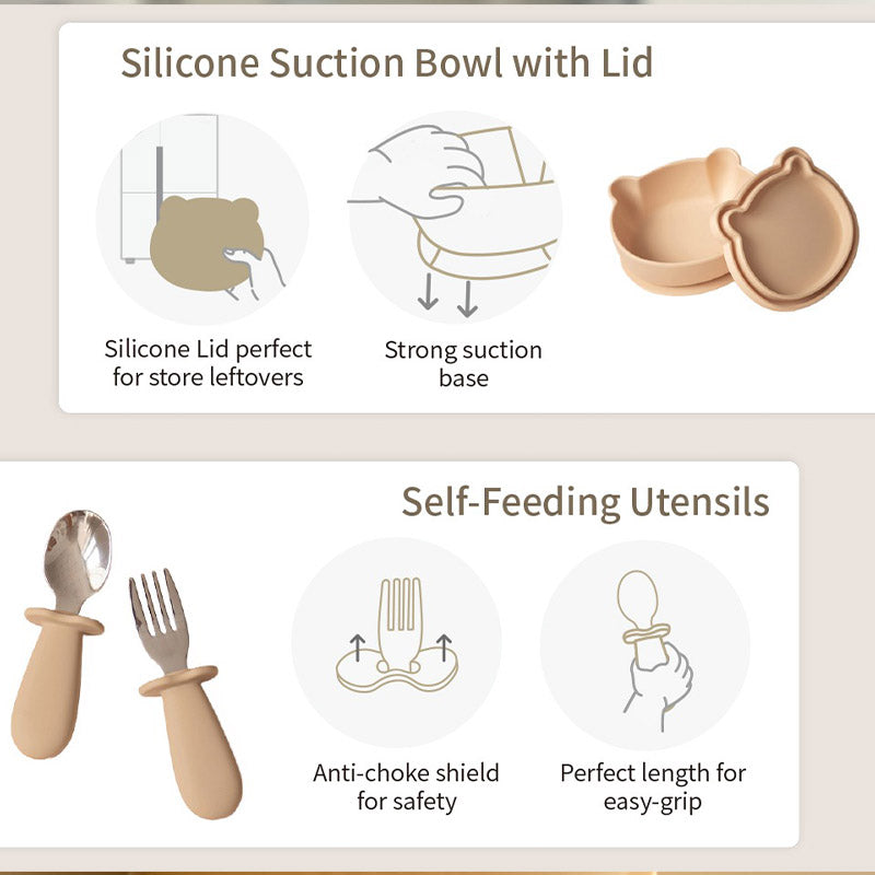Non-Slip Silicone Baby Feeding Set with Lid and Utensils