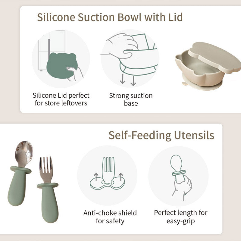 Non-Slip Silicone Baby Feeding Set with Lid and Utensils