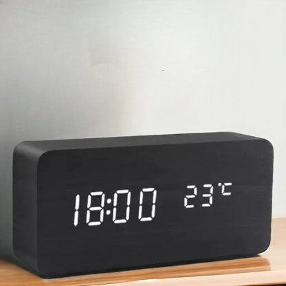 Voice-Activated Wooden Alarm Clock with LED Display – Modern Design