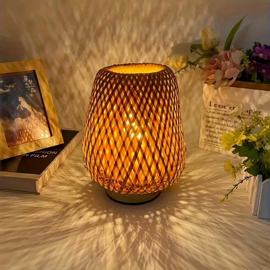 Natural Weave LED Bedside Lamp with USB and Adjustable Brightness